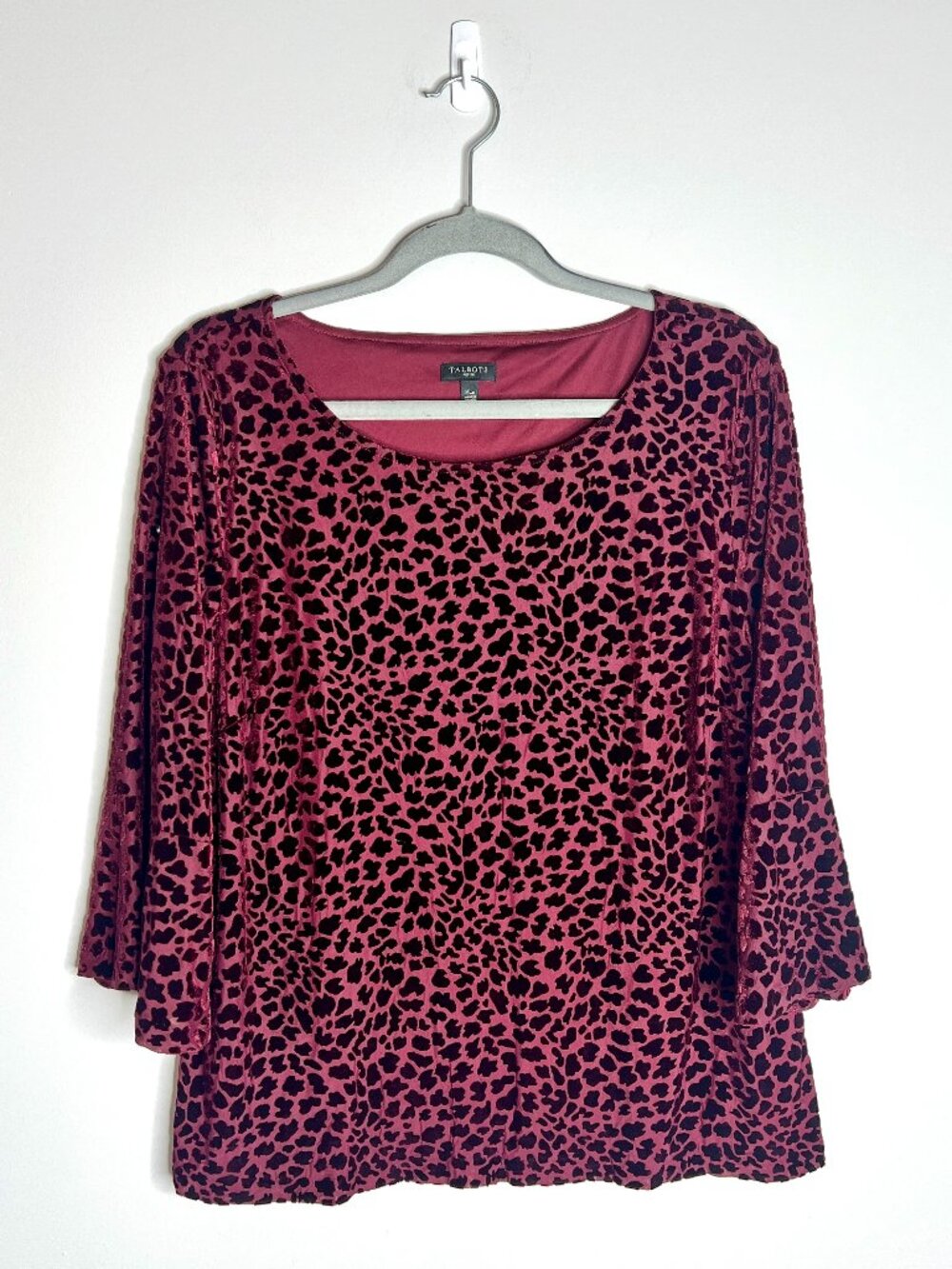 Talbots Burgundy Velvet Burnout Leopard Print 3/4 Sleeve Top XLP Preppy Career